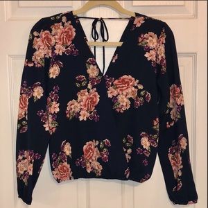 Navy Blue Floral Long Sleeve Wrap Cropped Blouse